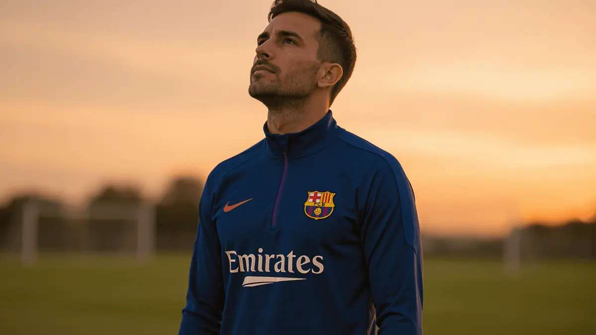 Ronald Araujo in Barcelona training kit looking upward on empty pitch at sunrise symbolizing mental health recovery