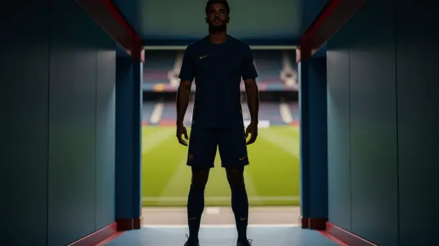 Footballer standing in stadium tunnel with blue and claret lighting, representing transfer decision