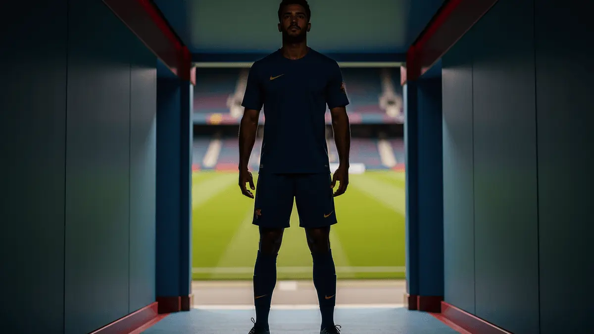 Footballer standing in stadium tunnel with blue and claret lighting, representing transfer decision