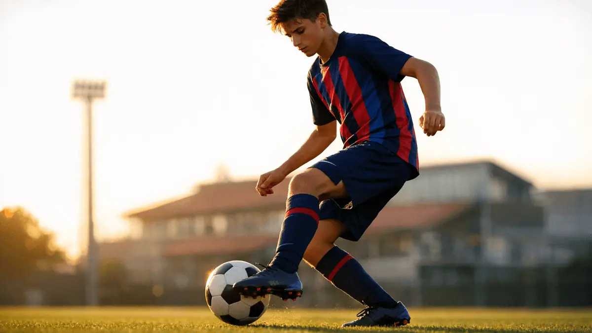 Young footballer training at Barcelona's La Masia academy during golden hour