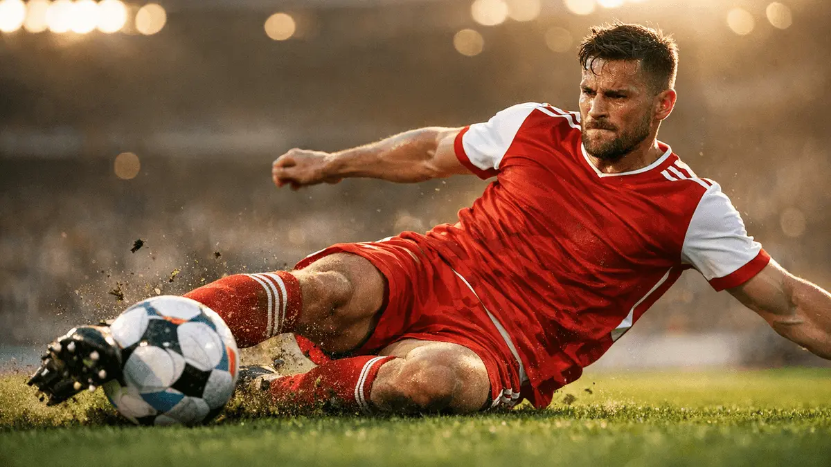 Bundesliga defender making a powerful tackle during a professional football match