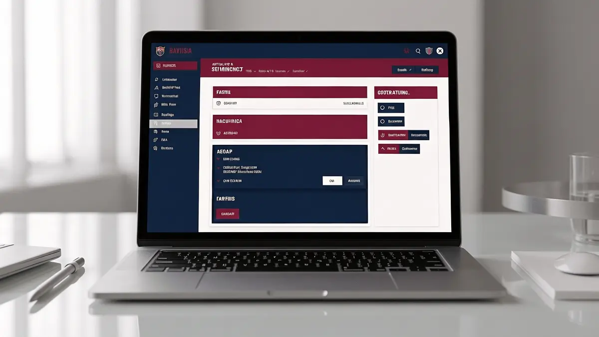 Professional online gaming platform interface with modern blue and claret design elements on laptop screen