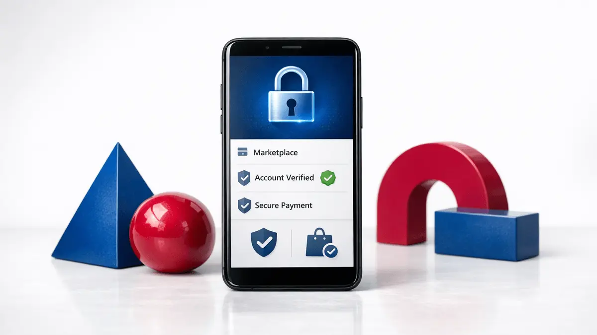 Secure online casino platform displayed on smartphone with digital security badges and modern geometric design elements