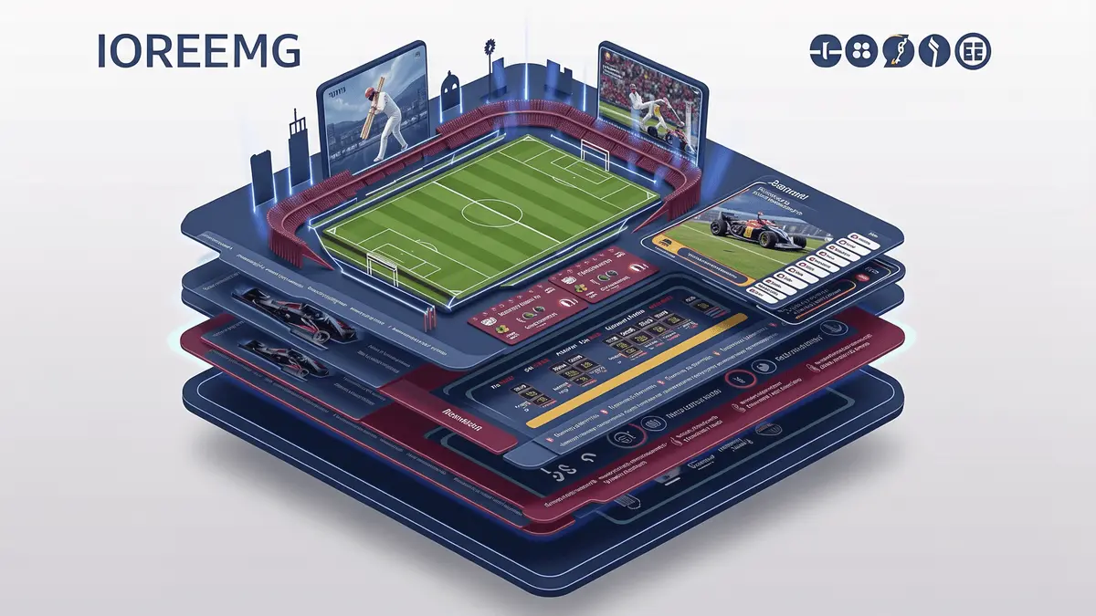 Digital sports betting platform interface with cricket and football elements, modern design in blue and claret colors