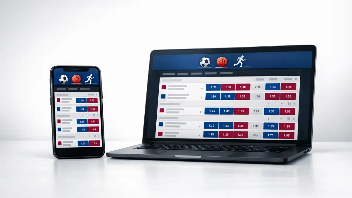 Premium sports betting platform interface on mobile and desktop devices with modern design elements.