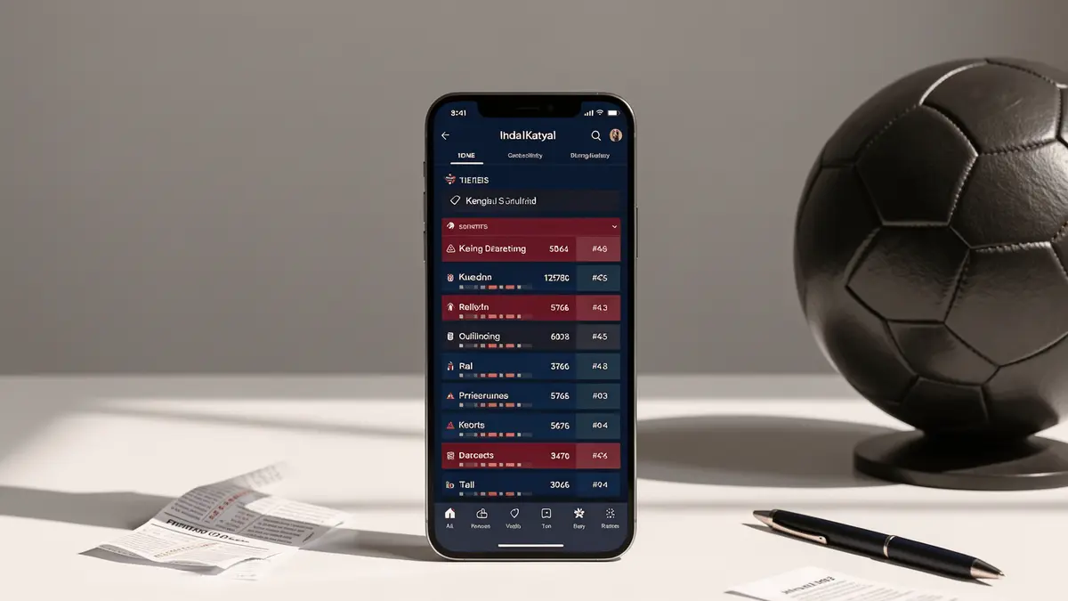 Modern mobile sports betting interface displayed on a professional desk with football elements