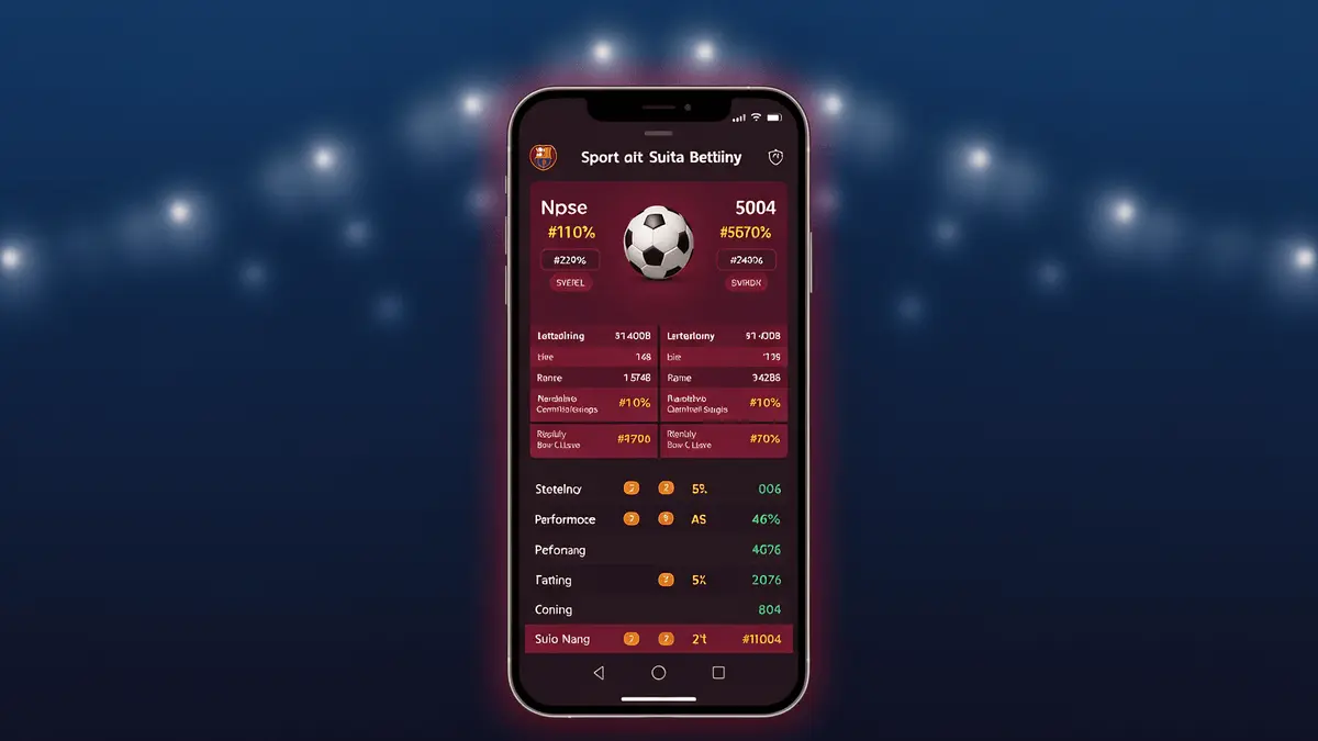 Modern sports betting platform interface with blue and claret digital design elements and sports statistics display