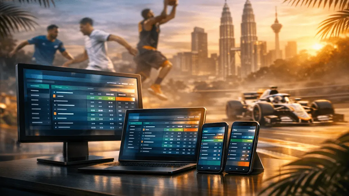 Modern sports betting platform interface with live odds displayed on multiple screens surrounded by action sports imagery