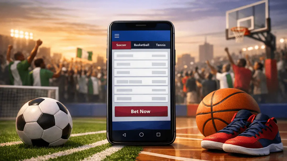 Sports betting in Nigeria with mobile betting app interface and soccer atmosphere