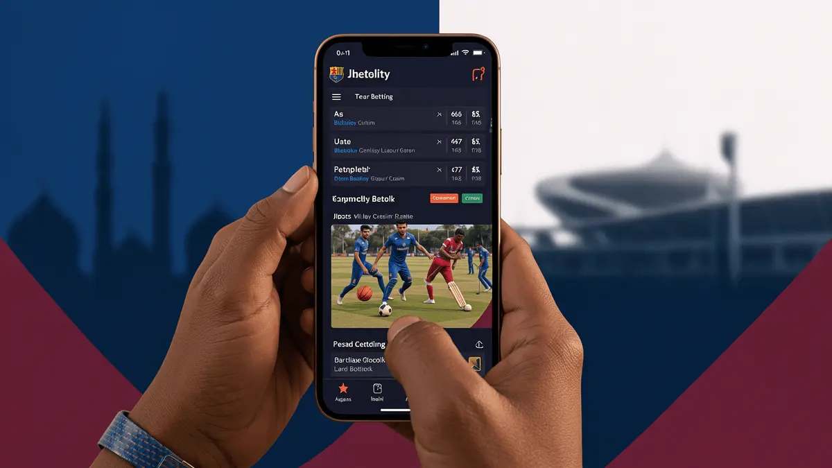 Mobile sports betting platform interface displayed on smartphone with modern blue and claret design elements