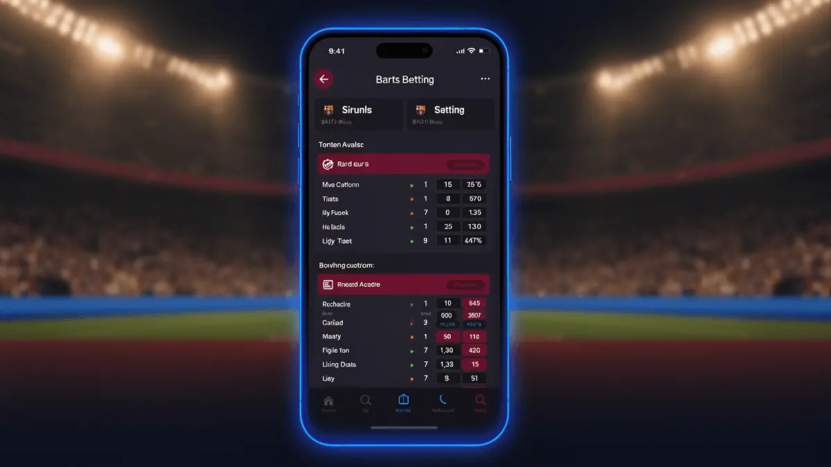 Modern sports betting app interface on smartphone with Barca blue and claret design accents, stadium background.