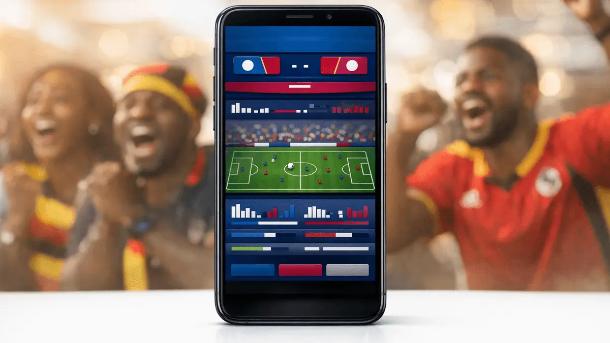 Mobile sports betting app interface with Uganda sports fans and live match backdrop