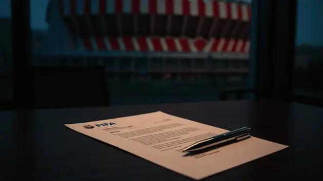 FIFA legal document on desk with Atlético Madrid stadium in background representing transfer dispute