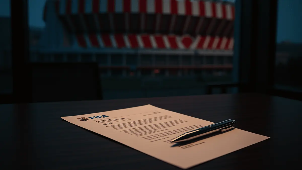 FIFA legal document on desk with Atlético Madrid stadium in background representing transfer dispute