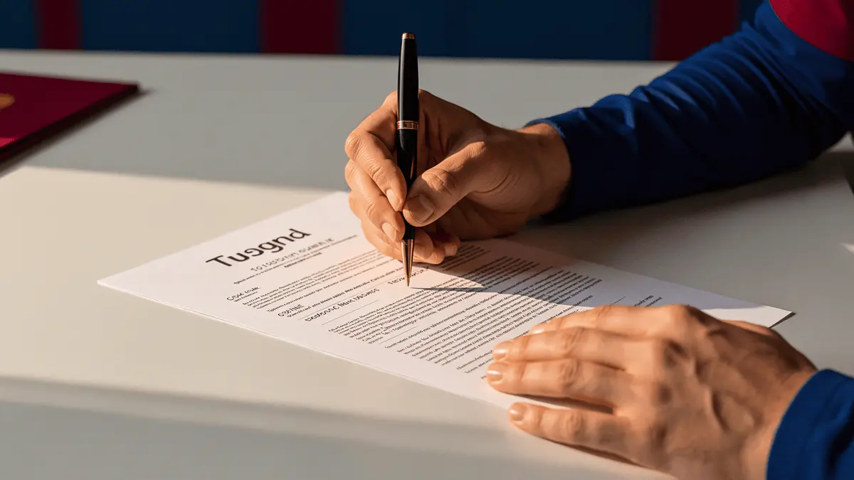 Football player signing contract with pen over document on desk with Barcelona colors