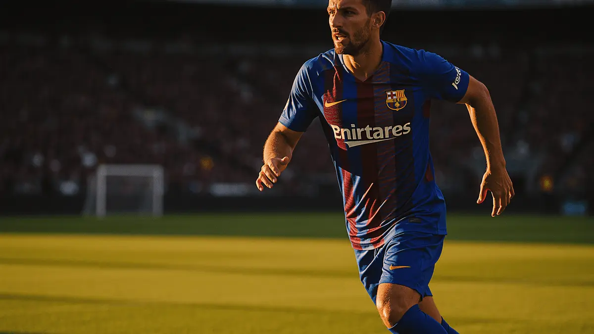 Footballer in Barcelona blue and claret jersey training on pitch at Camp Nou stadium