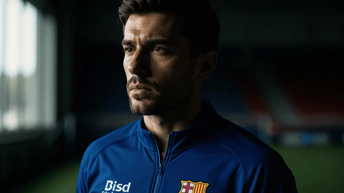 Professional goalkeeper in Barcelona training gear contemplating transfer move to Ajax Amsterdam