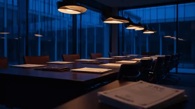 UEFA headquarters meeting room with official documents on table, dramatic blue lighting