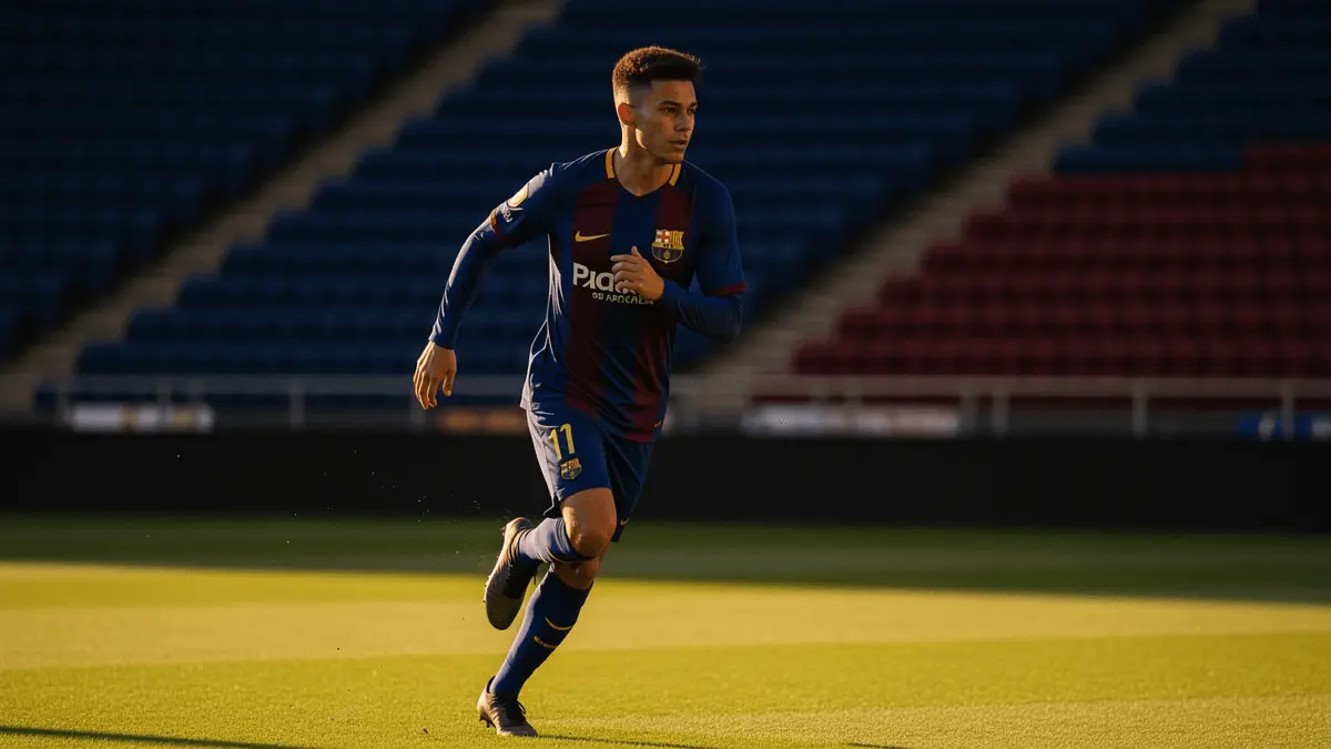 Young Barcelona footballer moving from wing to central position on Camp Nou pitch at golden hour