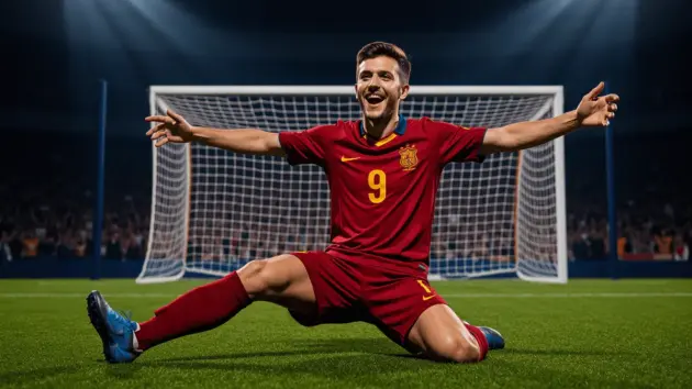 Young footballer sliding in celebration after scoring World Cup goal in stadium