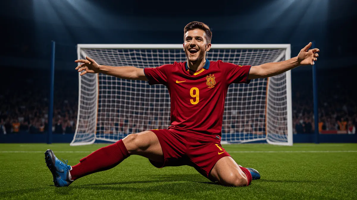 Young footballer sliding in celebration after scoring World Cup goal in stadium
