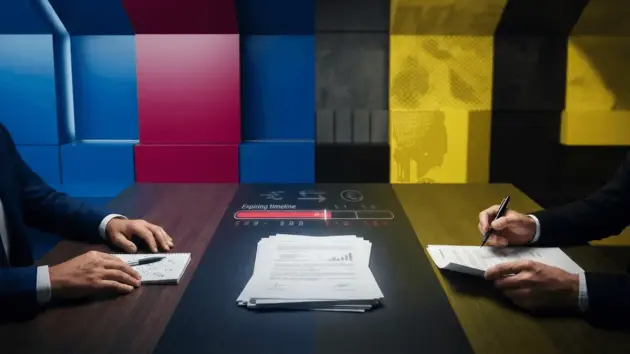 Barcelona and Dortmund negotiation scene with club colors and contract documents representing Adeyemi transfer talks