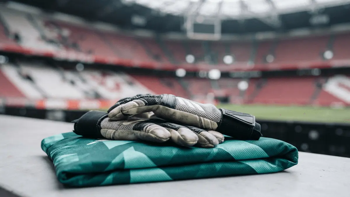 Goalkeeper gloves on folded jersey with Amsterdam stadium in background