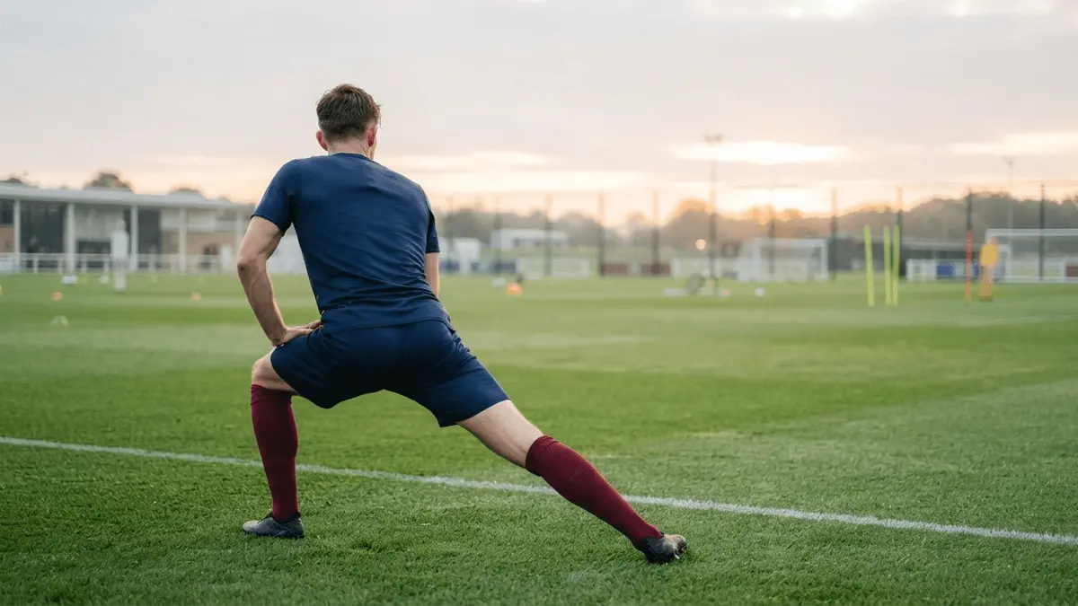 Footballer in navy and claret kit performing rehabilitation exercises on training pitch at dawn