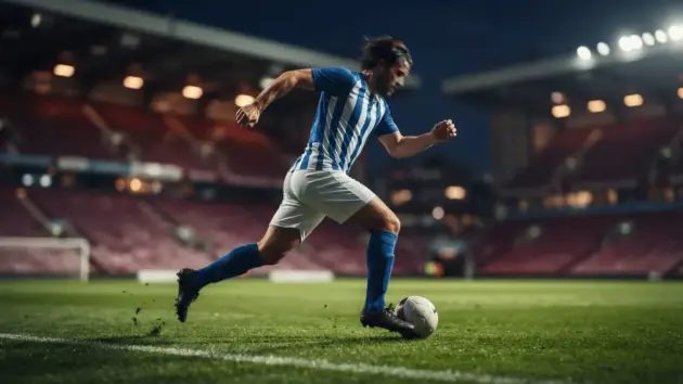 Football striker in blue kit running with ball in stadium with dramatic lighting