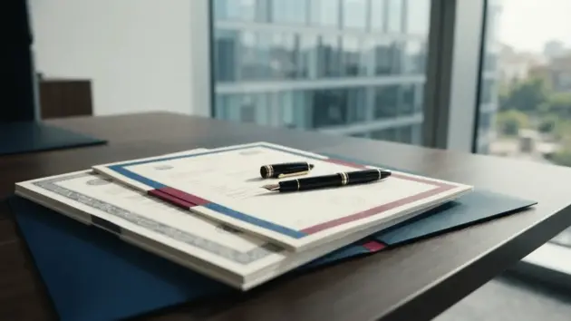 Financial bond documents on desk with Barcelona blue and claret accents in professional office setting