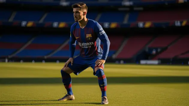 Barcelona center-back in blaugrana kit positioned on Camp Nou pitch representing contract extension