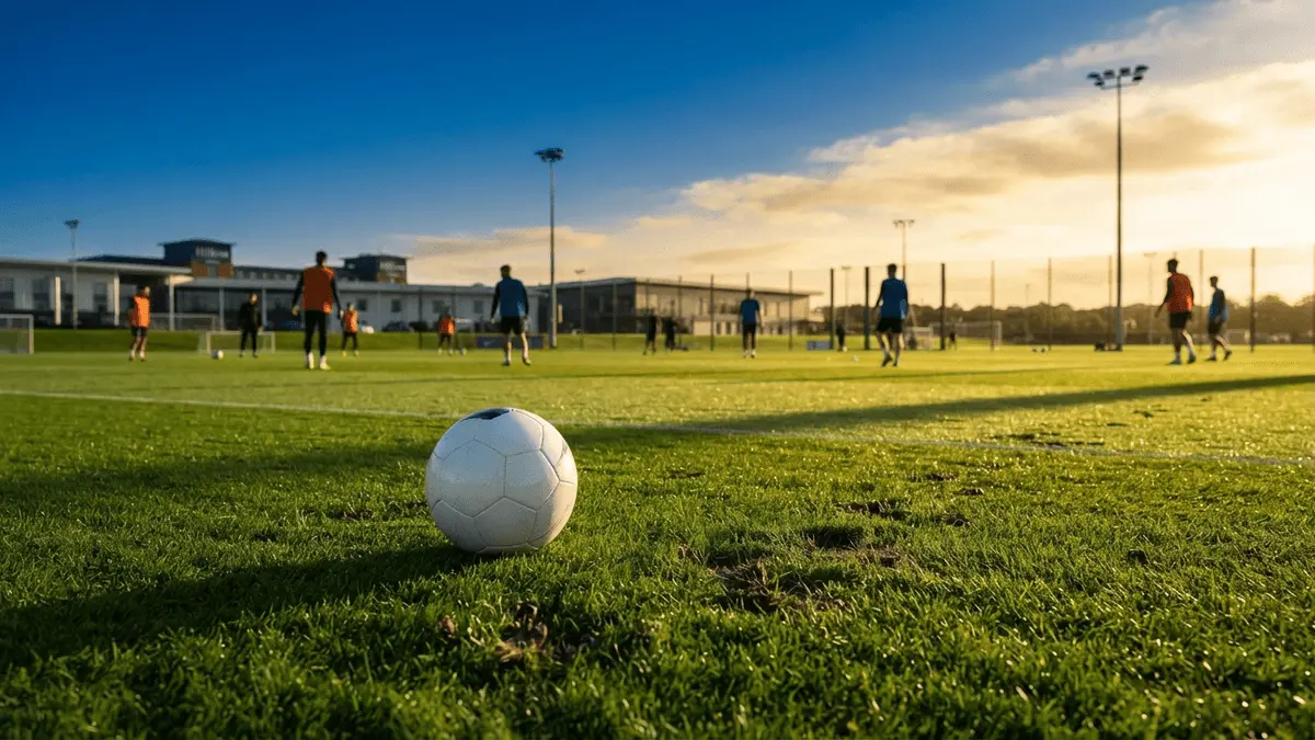 St George's Park training facility at golden hour with football on pristine grass pitch