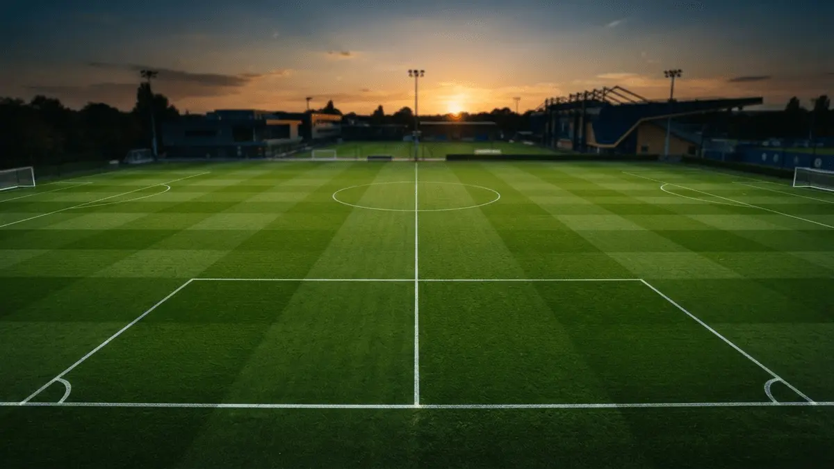 Empty football training pitch at sunset preparing for Barcelona pre-season friendly matches