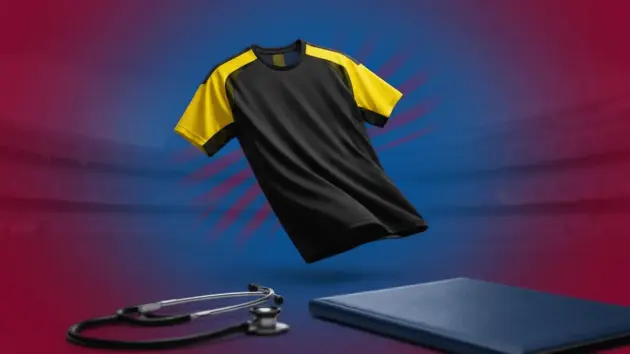 Borussia Dortmund jersey against Barcelona blue and claret background for Adeyemi transfer announcement