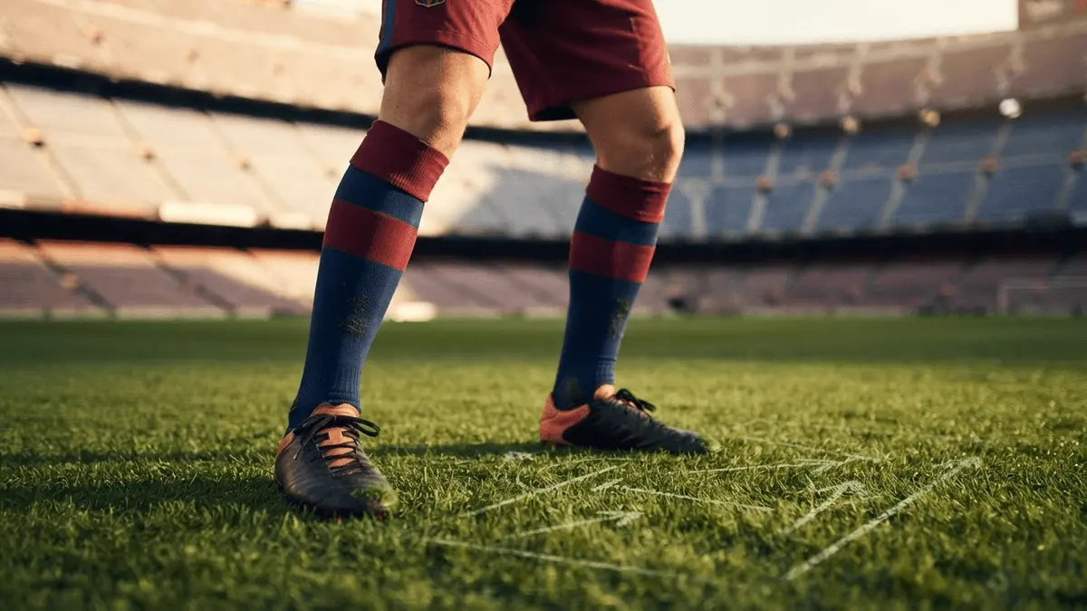 Footballer in Barcelona training kit positioned on Camp Nou pitch ready for midfield action