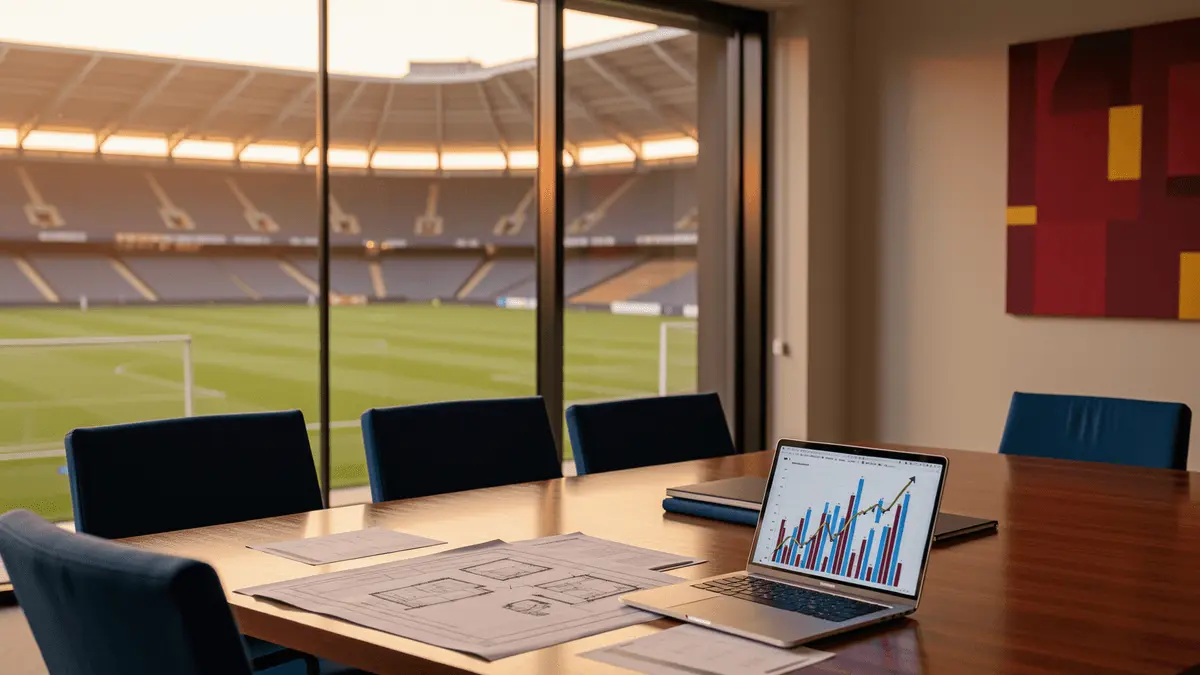 Barcelona boardroom with financial documents and stadium view representing club's fiscal recovery