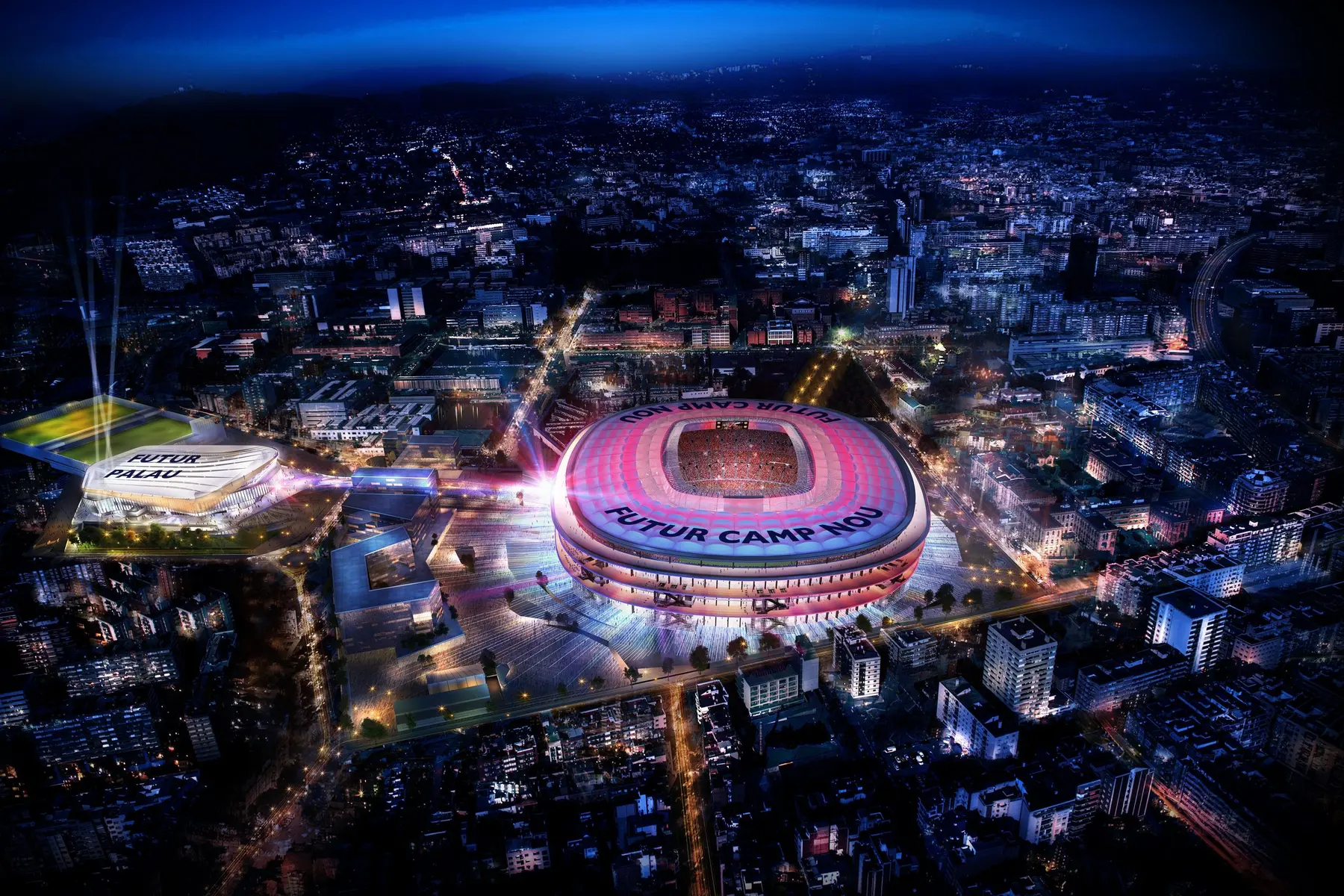 Aerial view of Camp Nou stadium in Barcelona at night with lights on.