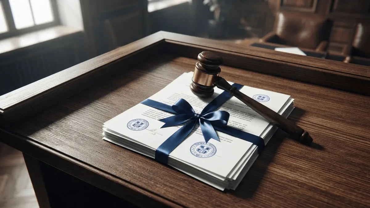Courtroom gavel and legal documents with blue ribbon representing Barcelona electoral tribunal appeal