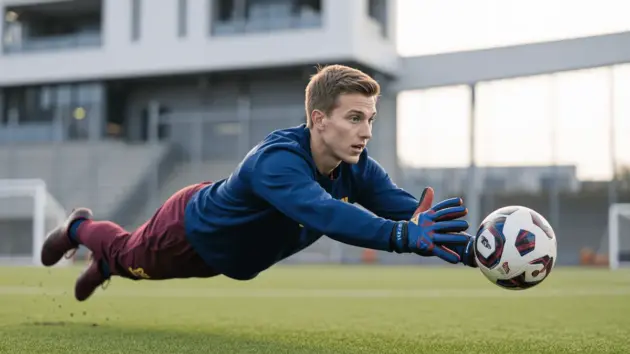 Goalkeeper making dynamic save during training session at football facility