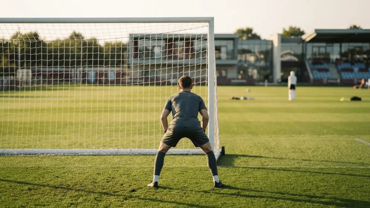 Young goalkeeper training at Barcelona academy facility in late afternoon light
