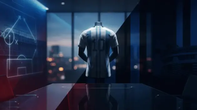 Barcelona and Inter Milan transfer race visual with tactical formations and Argentine jersey in dramatic lighting
