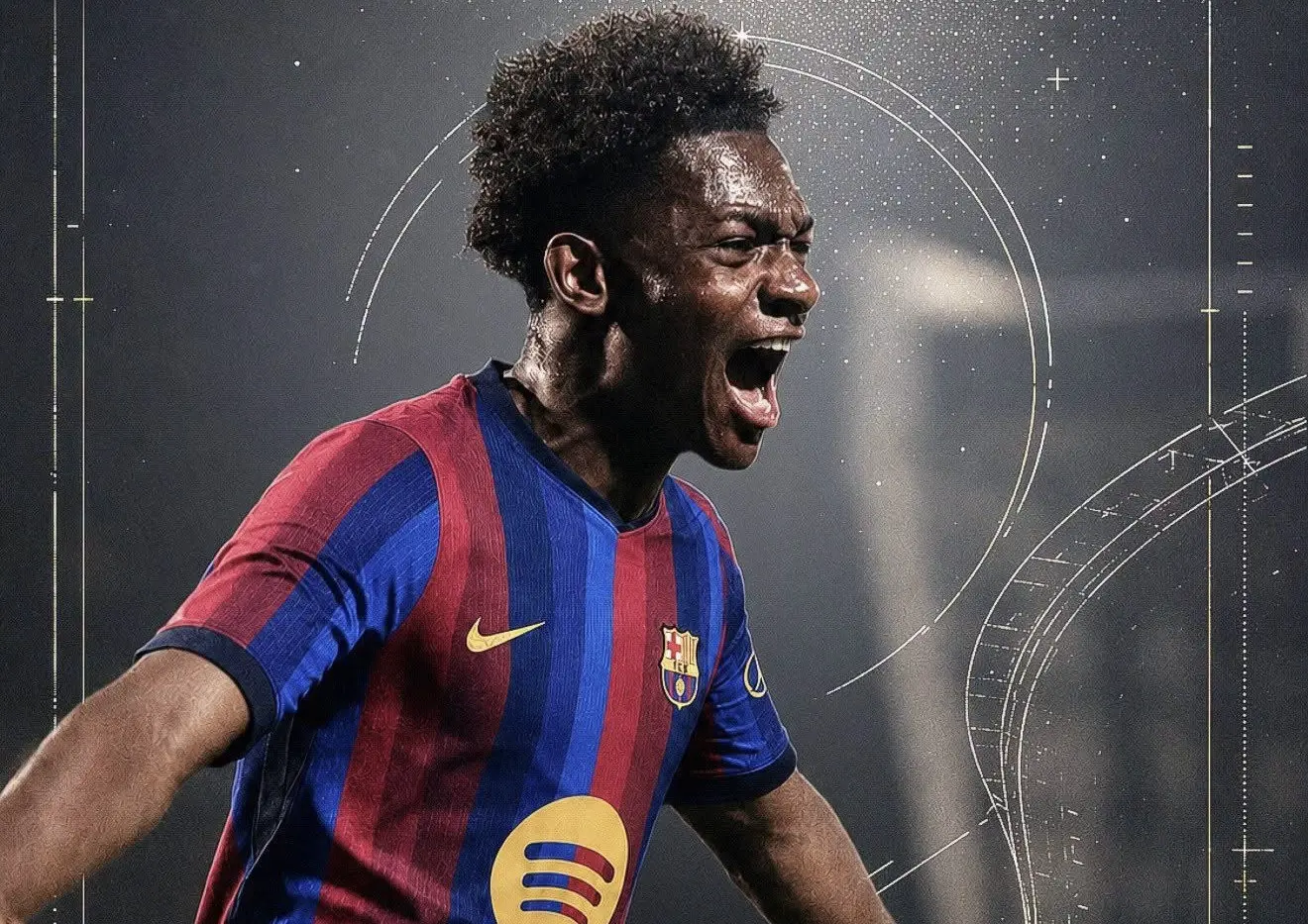Young footballer celebrating in a Barcelona jersey on a dark background.