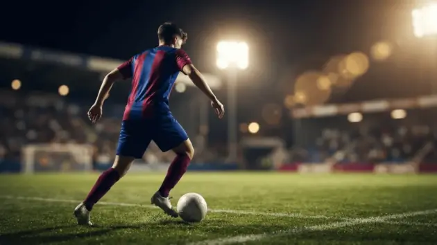 Young footballer in Barcelona colors performing dynamic dribble on professional pitch under stadium lights