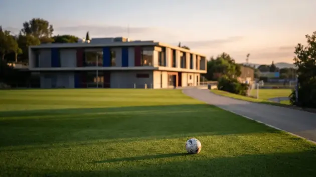 La Masia academy building exterior with training pitch at golden hour