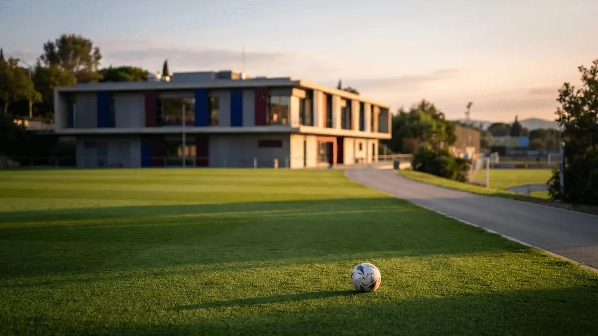 La Masia academy building exterior with training pitch at golden hour