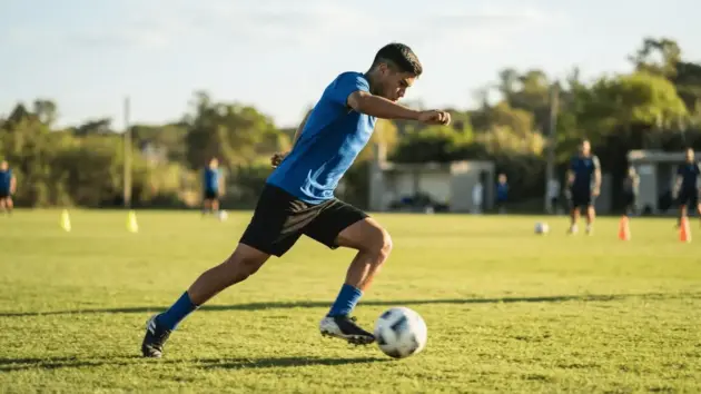 Young footballer in blue training kit accelerating down the left flank during practice session