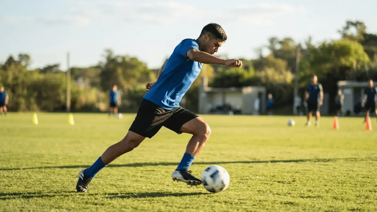 Young footballer in blue training kit accelerating down the left flank during practice session