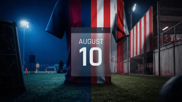 Split composition showing Barcelona and Atletico Madrid training environments with August 10 deadline visual