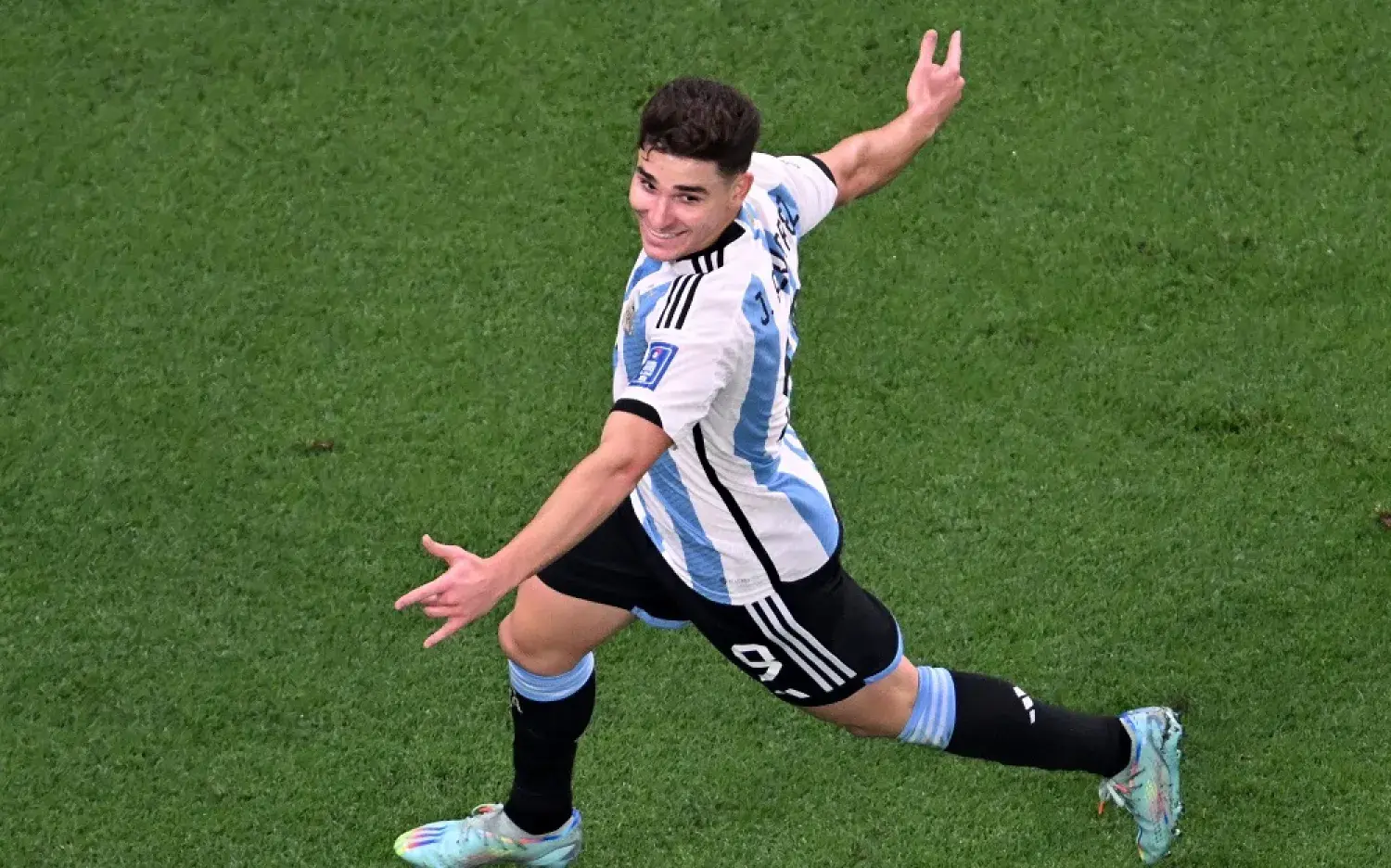 Julian Alvarez celebrating a goal, wearing Argentina's football kit on a green pitch.