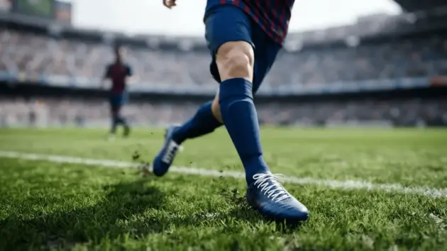 Barcelona player in blue and claret kit on pitch with dramatic lighting and motion